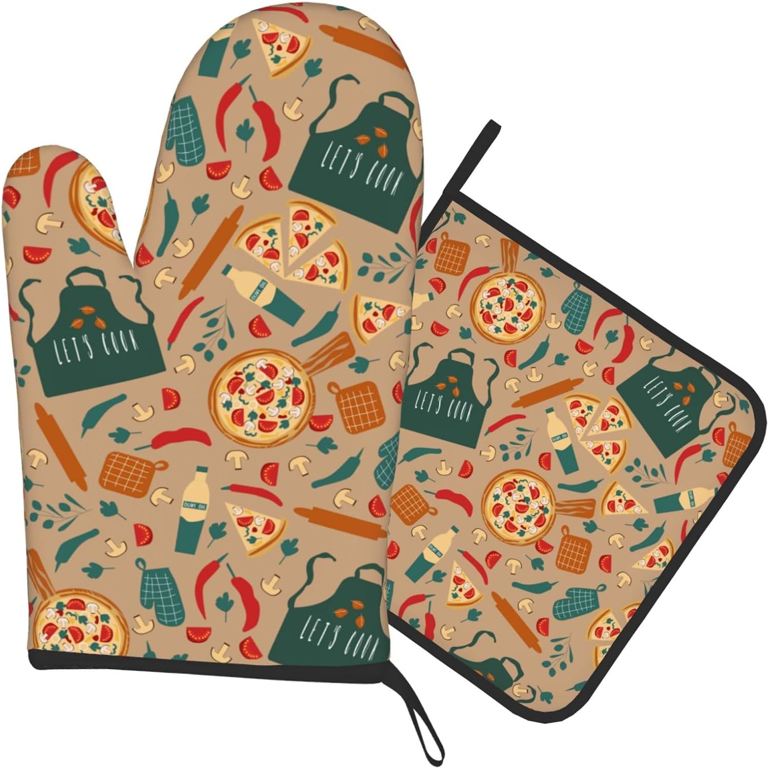 Kitchen Baking Gloves - Retro พิซซ่า Chilli เตาอบ Mitt และผู้ถือหม้อชุดถุงมือเตาอบสําหรับห้องครัวเบเกอรี่ทําอาหารย่าง
