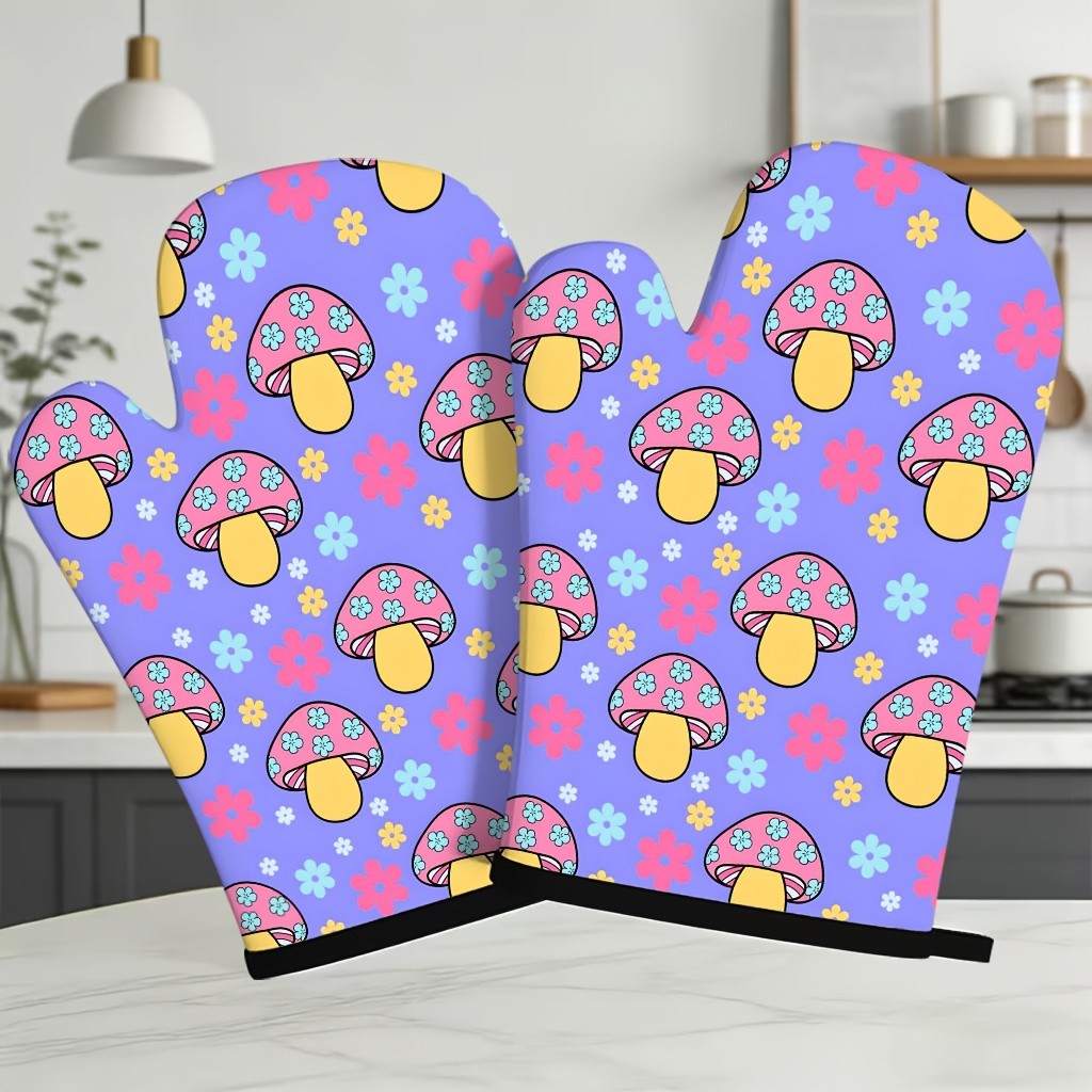 Kitchen Baking Gloves - ถุงมือกันความร้อนลายดอกเห็ด ชุด 2 ชิ้น สำหรับทำอาหารและอบขนม