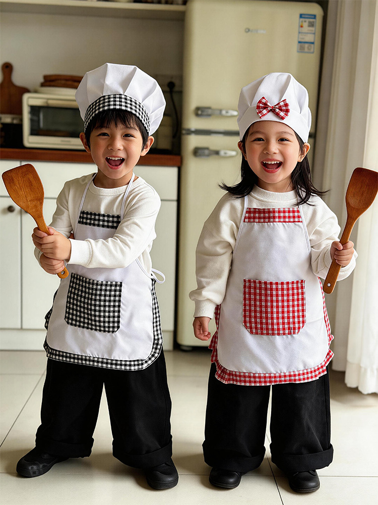 Baking Kitchen Set Up - ชุดผ้ากันเปื้อนและหมวกเชฟลายตารางสำหรับเด็ก 2 ชิ้น ชุดทำอาหารน่ารักสำหรับเล่นบทบาทสมมติ งานปาร์ตี้แต่งตัว เกมทำอาหารในครัว