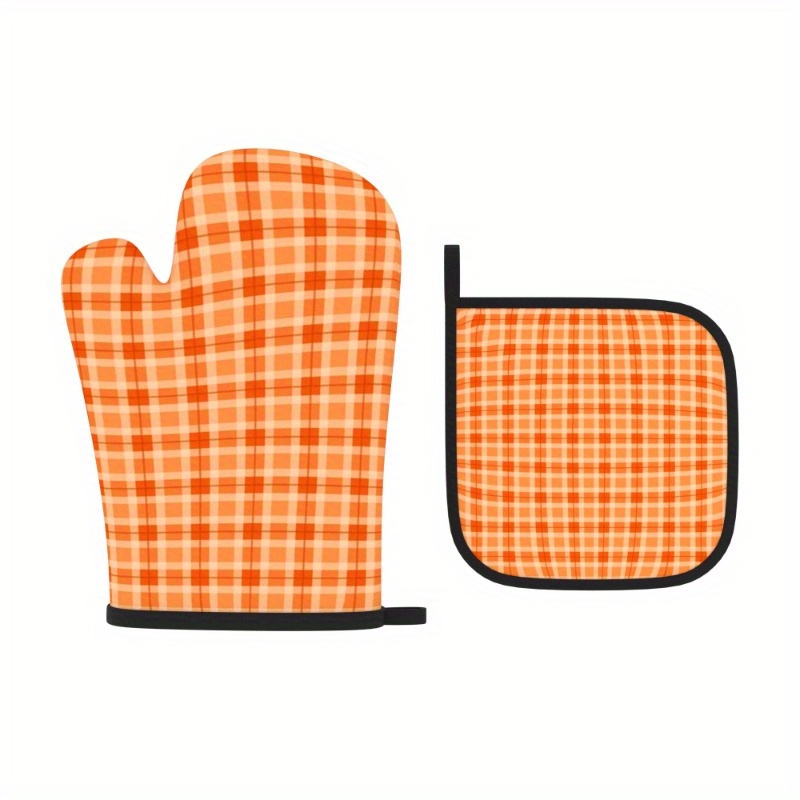 Kitchen Baking Gloves - ถุงมือกันความร้อนและที่รองหม้อลายตารางสีส้ม 2 ชิ้น - ถุงมือครัวกันความร้อน กันลื่น