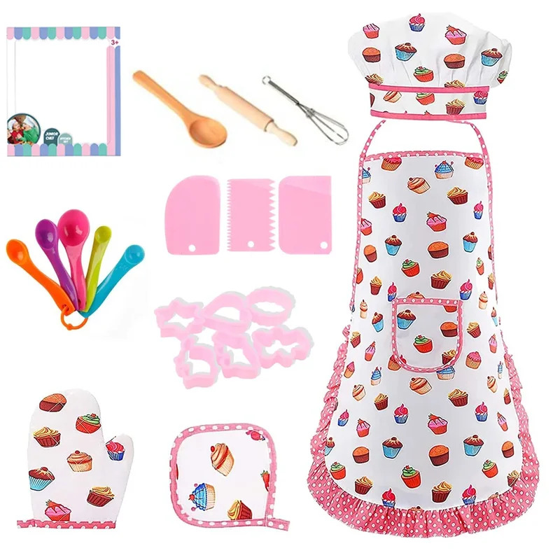 Baking Kitchen Set Up - ชุดของเล่นทำครัว ชุดทำขนม ชุดเล่นบทบาทสมมติ ชุดเครื่องครัวสำหรับเด็กผู้หญิง ชุดผ้ากันเปื้อนเชฟสีชมพู ชุดแต่งกายเพื่อการศึกษา