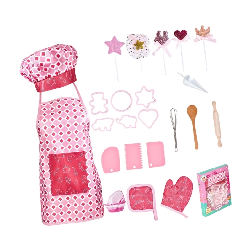 Baking Kitchen Kids - ชุดของเล่นเครื่องแต่งกายสำหรับเด็กแบบโต้ตอบสำหรับทำอาหารพร้อมผ้ากันเปื้อนในครัวและอุปกรณ์ 15UB