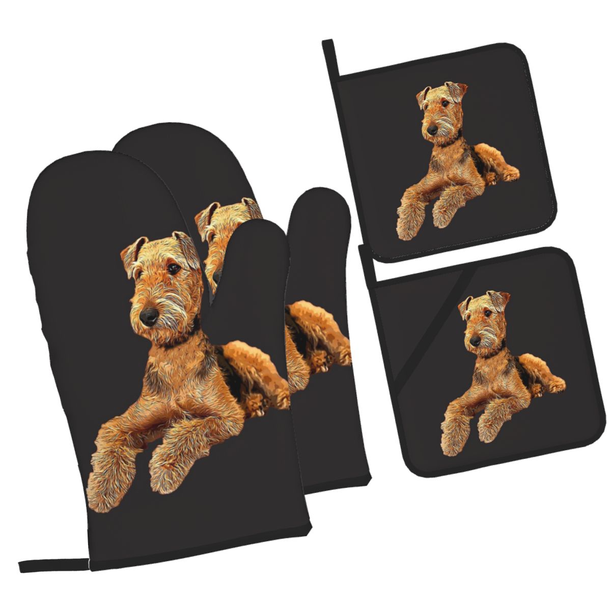 Kitchen Baking Gloves - ถุงมือกันความร้อนลายสุนัขพันธุ์แอร์เดล เทอร์เรียร์ ชุด 4 ชิ้น สำหรับอบขนม